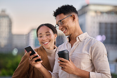Buy stock photo City, social media and young couple with phone looking at meme, online content and browsing internet. Technology, relationship and man standing with woman in urban town on smartphone together