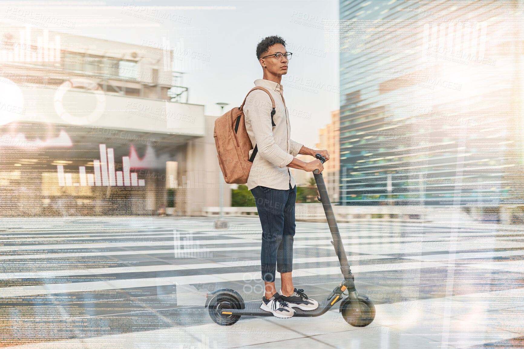 Buy stock photo Businessman, travel on electric scooter or futuristic marketing data, 5g network or city networking grid in city or street. Vision, data analysis or overlay tech, hologram or UX IOT with lens flare