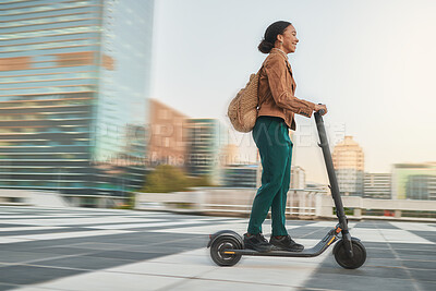 Buy stock photo Electric scooter, travel and black woman with eco friendly transport, urban and clean carbon footprint. Student on commute or journey, speed and sustainability for environment and transportation.