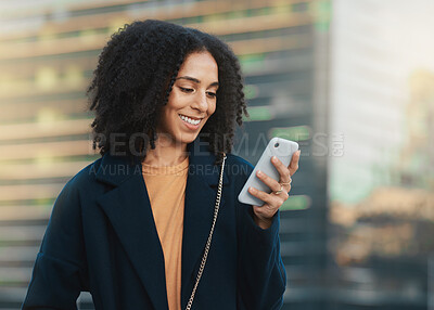 Buy stock photo Phone, social media and communication with a business black woman typing a text message in the city. Mobile, networking and contact with a happy female employee reading an email in an urban town