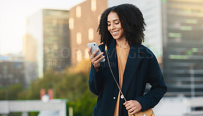 Buy stock photo Black woman, phone text and city travel of a person on a mobile on 5g internet and web with a smile. Mobile phone texting or social media app scroll of a urban happy female with technology online 