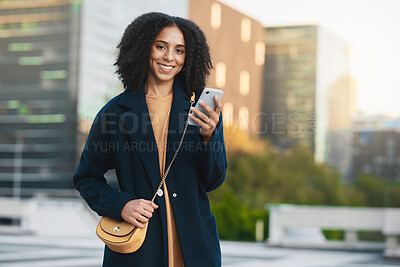 Buy stock photo Black woman portrait, city and phone in hand of a person with technology and smile. Internet, 5g web and social media app of a happy female online ready for mobile networking and communication