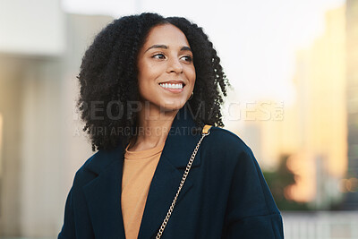 Buy stock photo Happy, thinking and business woman in the city of Singapore for work in the morning. Vision, motivation and young girl with an idea, happiness and commitment during travel to a job with bokeh space