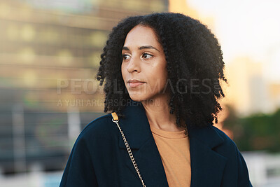 Buy stock photo Face, thinking and city with a business black woman walking while on her morning commute into work. Idea, commuting and street with a female employee traveling in an urban town for opportunity