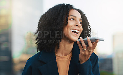 Buy stock photo Phone call, loudspeaker or business woman with 5g network in city, street or road for networking, communication or contact us. Happy, smile or travel girl with phone, cellphone or smartphone for call