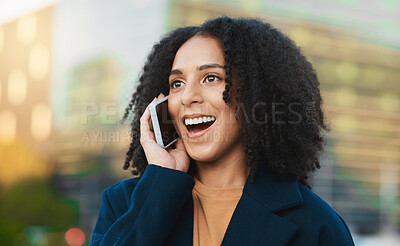 Buy stock photo Black woman, phone call and city travel of a person happy about online and 5g web communication. Network conversation of a female with mobile technology of a online internet chat outdoor with a smile