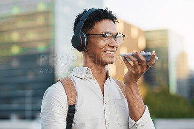 Buy stock photo Man, 5g phone and voice note in the city traveling to university lesson and using his mobile. College student, travel and cellphone call using headphones in an urban town on the way to school