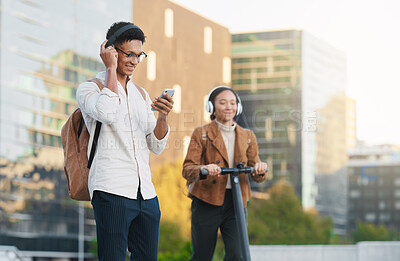 Buy stock photo Students travel with phone, music or happy black couple woman and man with tech, electric scooter or 5g network in city, street or road. Startup designer for networking, social media or contact us