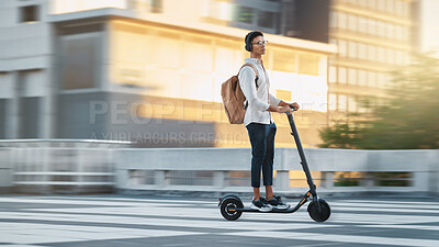 Buy stock photo Electric scooter, travel fast or businessman with transport in city, street or road in London. Employee, worker or designer black man with bike commute to work, office or university in the morning