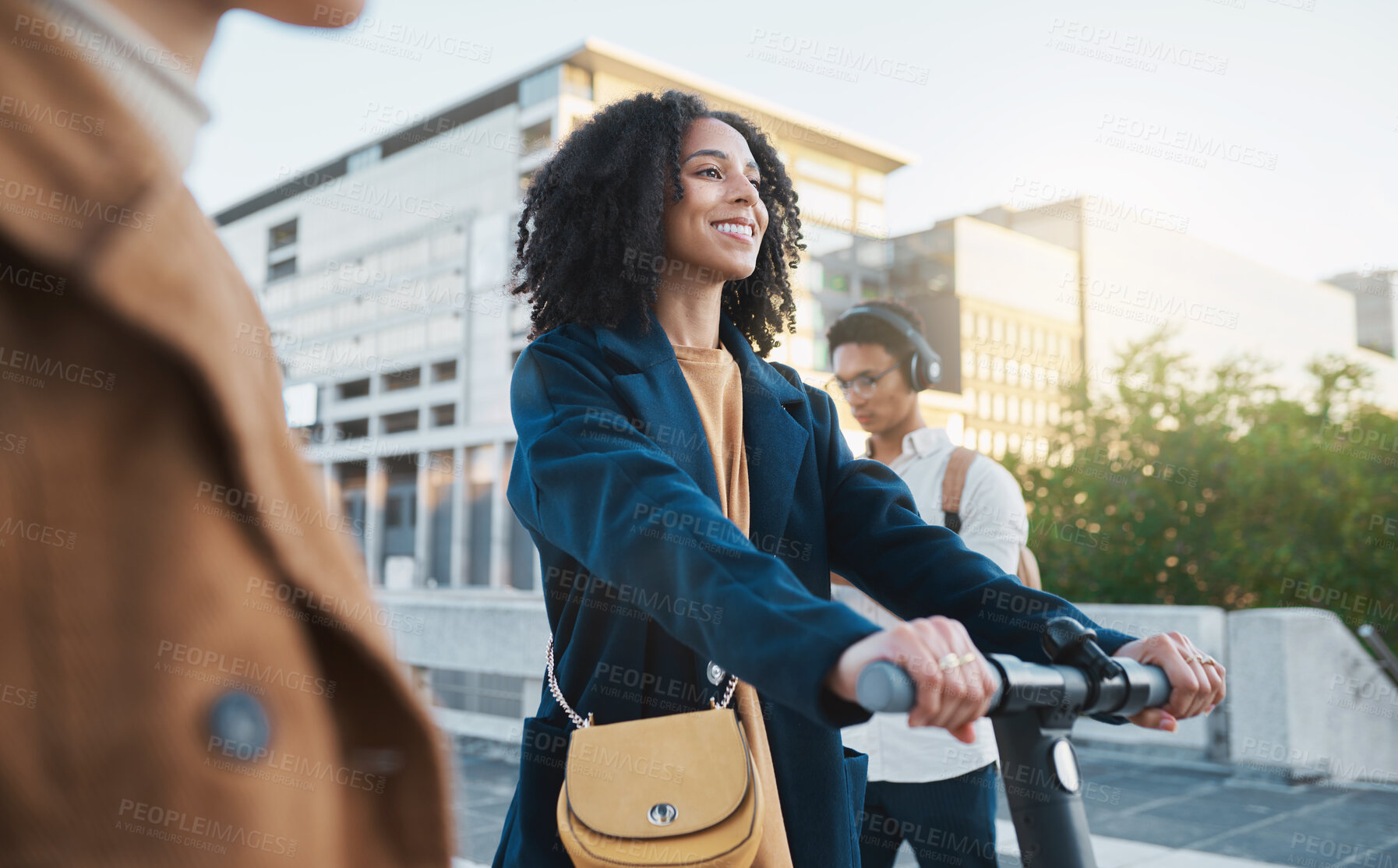 Buy stock photo Scooter, university and student friends or people with social, transportation and travel together for gen z, college and youth. Happy black woman on electric scooter at campus or in urban city street