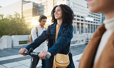 Buy stock photo Scooter, happy and business woman with transport in the city for sustainability, clean energy and eco friendly in Canada. Happy, smile and employee travel to work with sustainable transportation