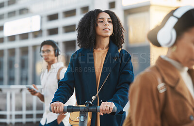 Buy stock photo Travel, scooter and business woman in city or street on eco friendly transportation. Sustainability, technology or black female employee commuting to work on electric moped to reduce carbon footprint