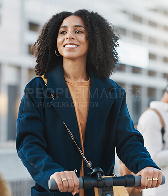 Buy stock photo Black woman, scooter and city travel of a person with bicycle and urban eco friendly transportation. Happy young female on electric ride with smile ready for morning traveling to work with happiness