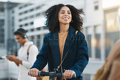 Buy stock photo Scooter, smile and business woman in the city of New Zealand for travel to work. Transport, eco friendly and girl with electric transportation for clean energy, sustainability and ecology in morning