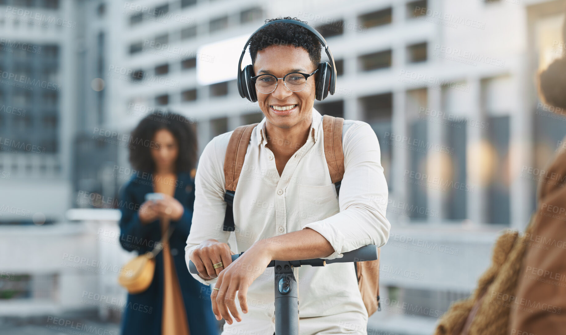 Buy stock photo Music, electric scooter and city with a black man on his commute to work or business in the morning. Portrait, headphones and transport with a male employee commuting or working in an urban town