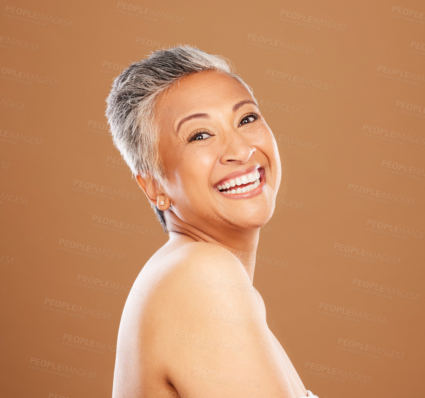 Buy stock photo Happy senior woman, beauty and skincare on face model with healthy teeth giving a smile on studio background portrait. Dental, wellness and cosmetic makeup for elderly women, smile or skin wellness