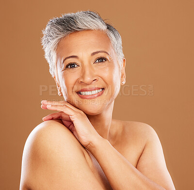 Buy stock photo Skincare, self love and senior woman with a smile for beauty, wellness and health against a brown studio background. Portrait, cosmetics and happy elderly model in retirement with dermatology