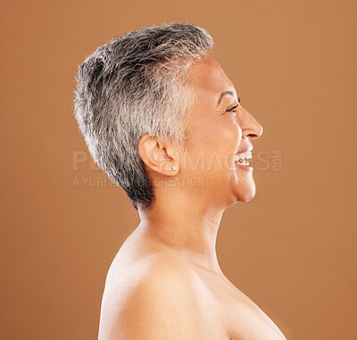 Buy stock photo Mature woman, face and skincare glow on studio background profile in wellness, dermatology or self care. Smile, happy or Indian beauty model with gray hair, makeup cosmetics or anti aging cosmetology