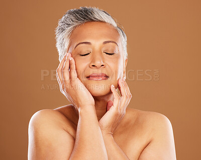 Buy stock photo Beauty, self care and senior woman with skincare treatment for healthy glow, anti aging and body wellness. Dermatology, cosmetics and relax aesthetic face of elderly model with natural facial makeup