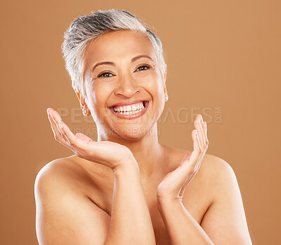 Buy stock photo Skincare, beauty and portrait of senior black woman with smile on orange background in studio. Wellness, happiness and old female model for anti aging beauty products, skincare products and cosmetics