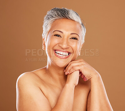 Buy stock photo Happy senior woman, skincare beauty portrait from healthy spa facial and clean natural face in aesthetic studio. Luxury sunscreen wellness, indian person with cosmetic smile and brown background