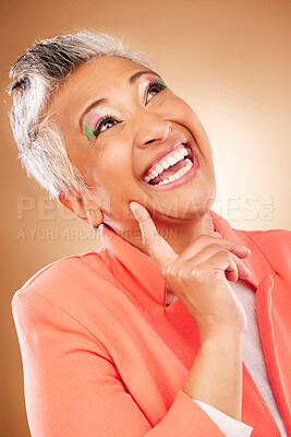 Buy stock photo Makeup, studio and senior woman thinking of cosmetics idea, inspiration or beauty tips with professional clothes, fashion and unique style. Creative, art design and old woman model face or headshot