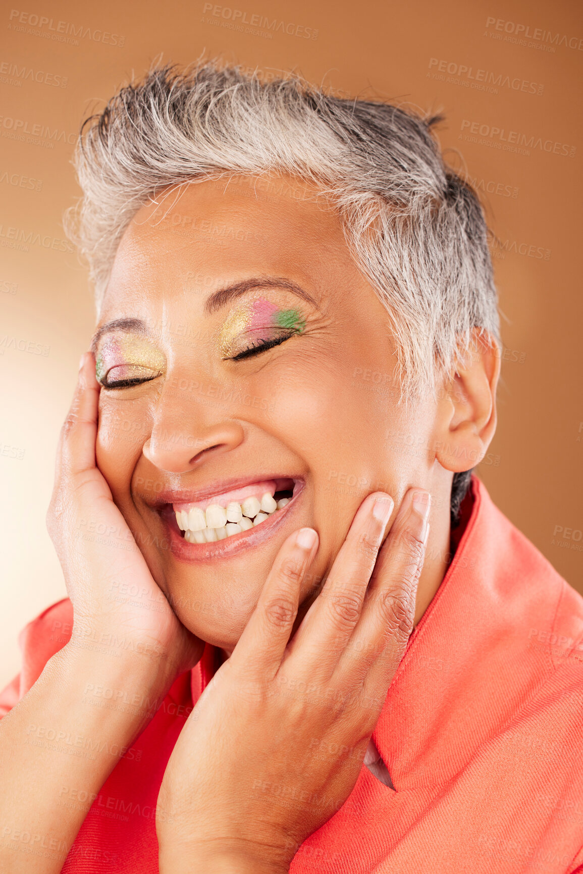 Buy stock photo Happy, senior woman and eye makeup, face and cosmetics for beauty, wellness and skincare against beige studio background. Elderly model smile, cosmetics and happiness with facial care and mockup