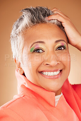 Makeup, color and portrait of senior woman with creative eye