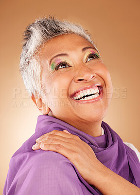 Buy stock photo Makeup, funky grandma with smile on face and trendy fashion style on studio background. Happy mature woman, beauty and luxury skincare, cosmetics and happiness, cool lifestyle and retirement in color