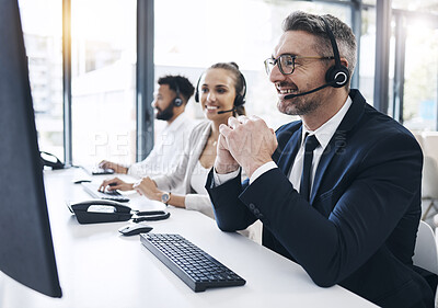 Buy stock photo Call center, man and customer service with contact us, telemarketing advice in crm support office. Computer, headset and male agent consulting for helpline or operator help online in the office 