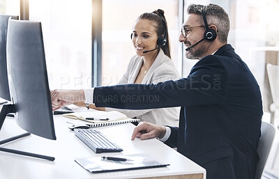 Buy stock photo Teamwork, call center and business people in customer service working together in office. Collaboration, team and man looking at computer helping woman in telemarketing, customer care and crm company