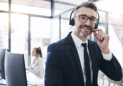 Buy stock photo Call center, man and sales consultant with smile for communication, customer support and telemarketing at office. Portrait of happy contact us, CRM and telecom service agent speaking over microphone
