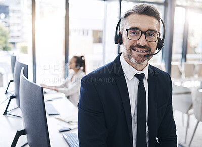Buy stock photo Communication, leadership and portrait of businessman at call center with vision at telemarketing company. Contact us, customer service and crm, happy ceo manager at customer service help desk office