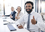 Thumbs up, call center staff and contact us with success in the workplace, diversity and crm in customer service or telemarketing. Employee portrait, yes gesture and communication with headset.