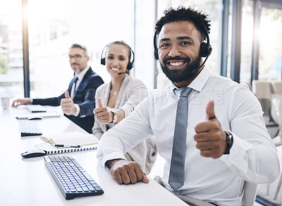 Buy stock photo Thumbs up, call center staff and black man, success in the workplace, diversity and crm in customer service or telemarketing. Employee portrait, yes gesture and contact us, communication agreement.