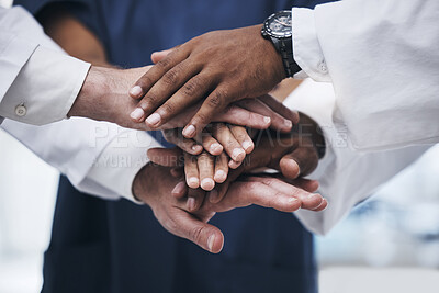 Buy stock photo Hands, teamwork and unity with a business team of diversity standing in office with a hand each in a huddle, stack or pile. Trust, partnership and solidarity with an employee group working together