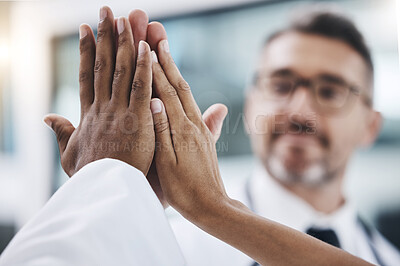 Buy stock photo Group high five, diversity and hands together for teamwork, support and collaboration in the workplace. Solidarity, team building and professional friends with a goal, target and mission of success 
