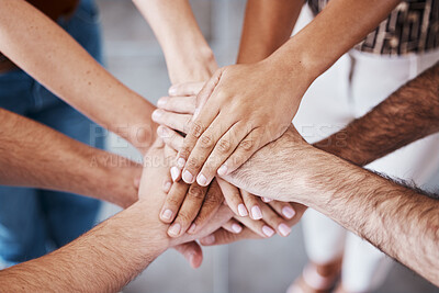 Buy stock photo Top view, hands and together to connect, for support and solidarity and team building for success, agreement and being community. Hand gesture, group stack pile and connection for loyalty and unity.