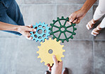 Settings, gear icon and teamwork with business people or team together for collaboration and synergy with cog wheel strategy. Office group hands for problem solving, innovation and development