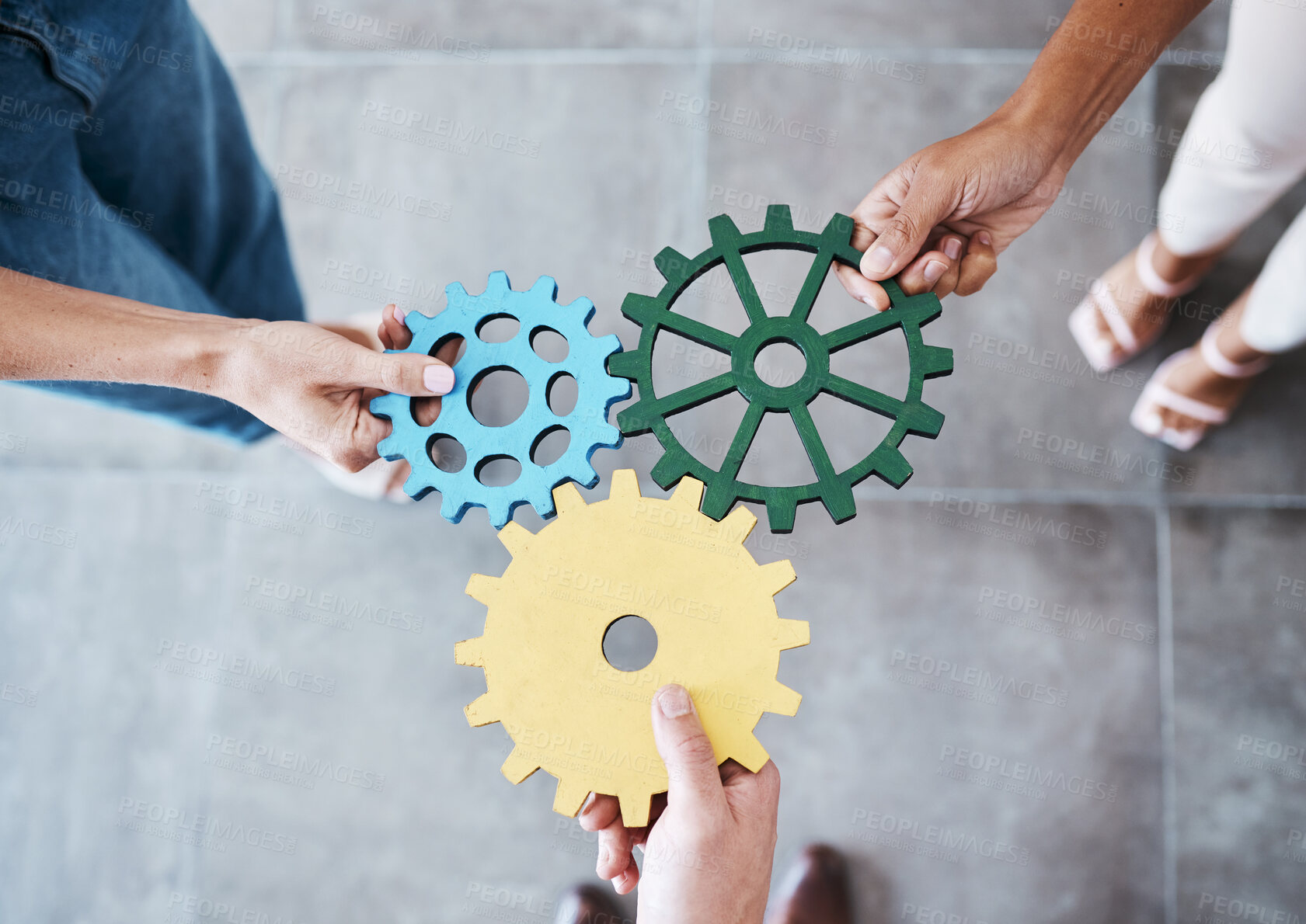 Buy stock photo Settings, gear icon and teamwork with business people or team together for collaboration and synergy with cog wheel strategy. Office group hands for problem solving, innovation and development