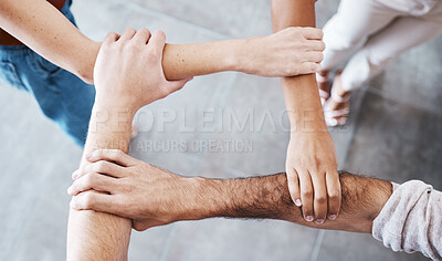 Buy stock photo Hands, people and support with trust, teamwork and collaboration together for team goal from above. Group diversity in volunteer partnership, social solidarity or community of friends in circle arms