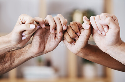 Buy stock photo Hands, teamwork and support with a man and woman group holding fingers or thumbs in solidarity. Trust, community and help with a male and female team holding hands together in partnership or care