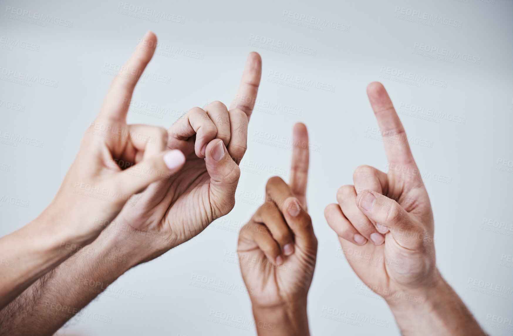 Buy stock photo Fingers, group and people answer question with hands sign for ideas in meeting and collaboration for office teamwork. Vote decision, business knowledge for professional thinking and company workshop
