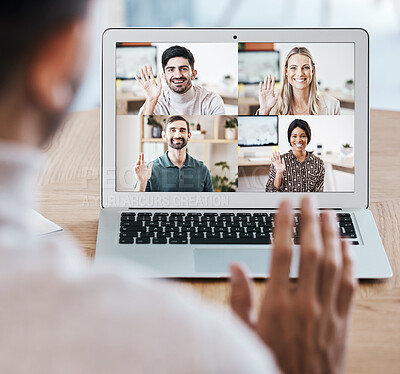 Buy stock photo Team, laptop and video call for webinar, online meeting and communication together. Digital device, teamwork and coworkers have discussion, conference or wave with smile, planning or happy with sales