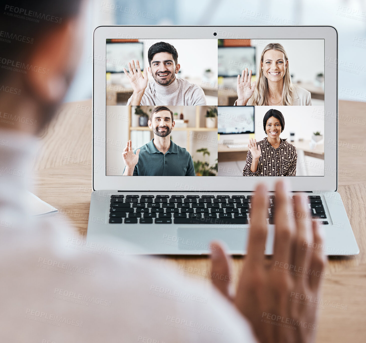 Buy stock photo Team, laptop and video call for webinar, online meeting and communication together. Digital device, teamwork and coworkers have discussion, conference or wave with smile, planning or happy with sales