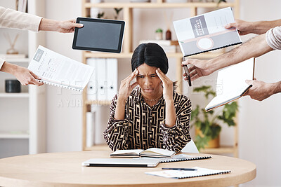 Buy stock photo Stress, burnout and multitask with hands and a black woman in business feeling overwhelmed or overworked. Compliance, documents and deadline with a female manager trying to balance work tasks