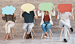 Diversity, team and speech bubble communication banner for advertising or marketing mockup on social media. Creative business branding, employee teamwork and company design billboard for graphic sign