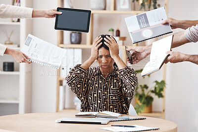Buy stock photo Stress, frustrated and business woman with paperwork and information in modern corporate office. Burnout, overworked and professional manager with overload of management document, report and deadline