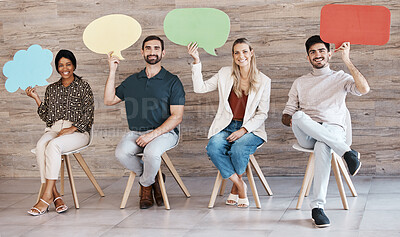 Buy stock photo Diversity, recruitment and speech bubbles for social media marketing idea of people in waiting room for interview, meeting and collaboration. Creative design company, business staff and hiring mockup