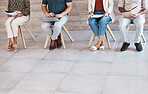 Group, job interview and people on chairs in cropped, mockup and recruitment at digital marketing office. Hiring, corporate and worker queue at business meeting for opportunity, mock up or copy space